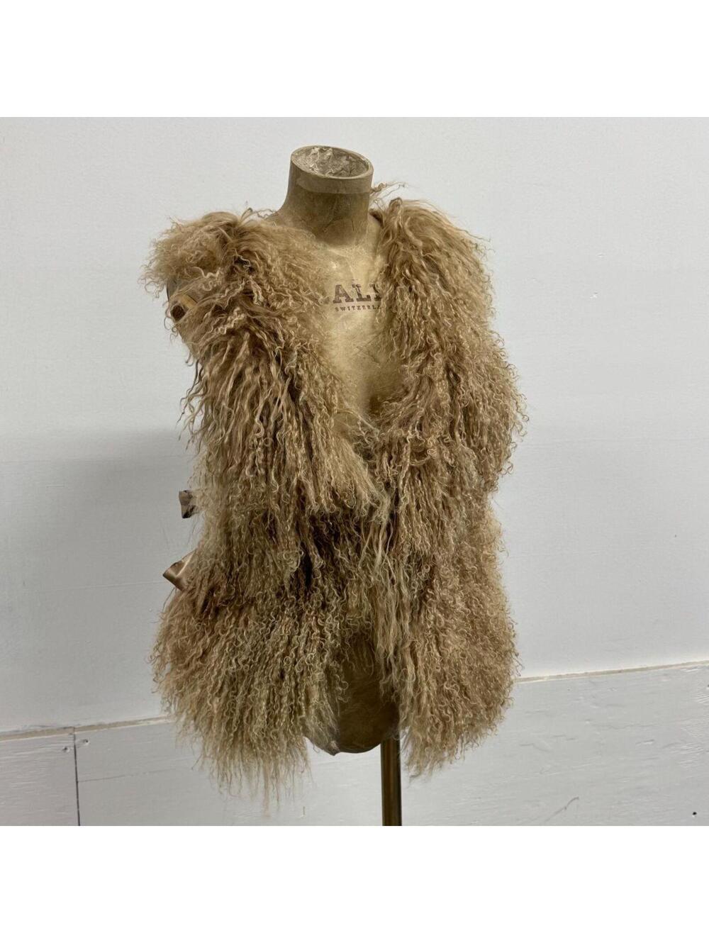 Vintage Fur Mongolian Lamb & Leather Vest Satin Ribbon Wrap Taupe